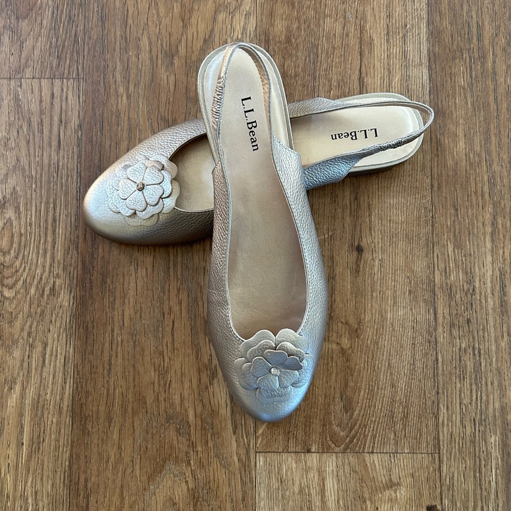 L.L. Bean Metallic Floral Slingback Flats NWOT
